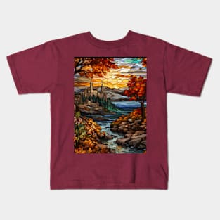 Stained Glass Window Of Autumn Scenery Kids T-Shirt